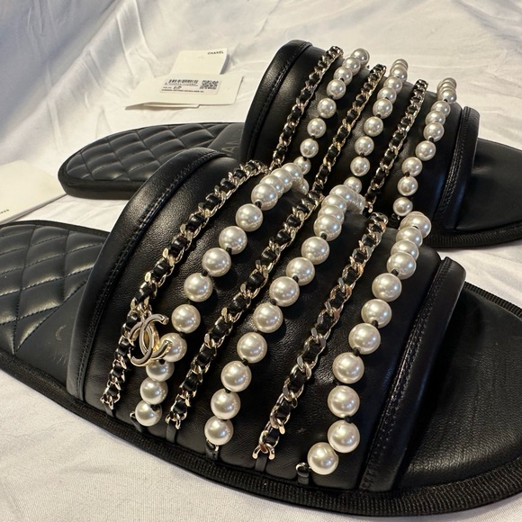 CHANEL Lambskin Palace Pool Mules with Pearl and Gold Accents - Picture 13 of 16
